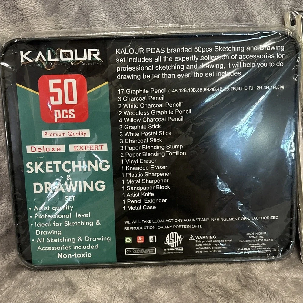 Kalour 50 Piece Sketching‎ Set in Metal Box w/2 Sketch Books NEW